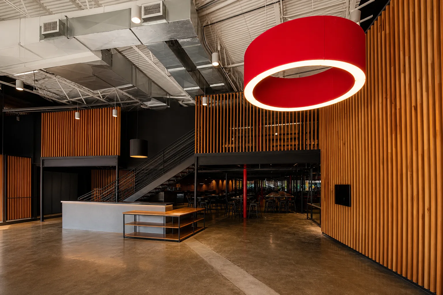 Commercial buildout: custom wood slat wall and lighting