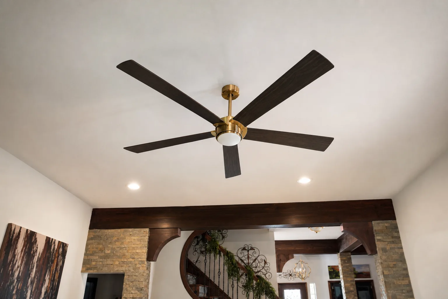 Statement ceiling fan with brass finish
